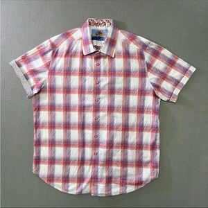 Robert Graham Shirt Xl Men's Short Sleeve Button Up White Plaid Flip Cuffs